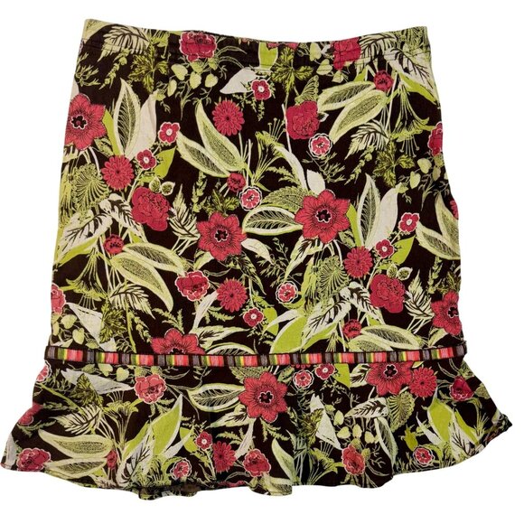 Windridge Floral Ruffle Hem Skirt M Brown Coral Green Floral Print Comfy Feminin - Picture 1 of 8